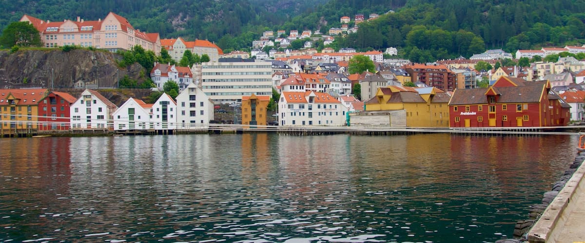 Paseo marítimo de Bryggen que incluye un lago o laguna y un pueblo