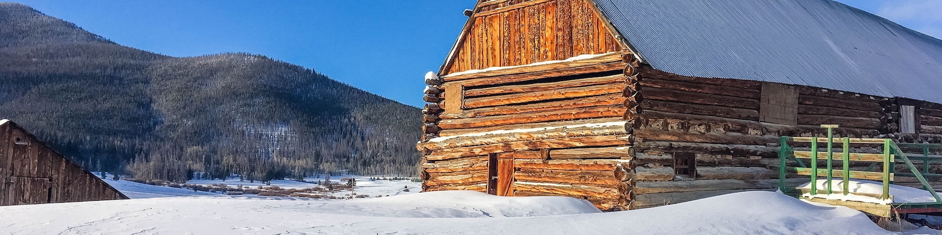 A wooden log cabin with a metal roof, surrounded by snow-covered ground and a forested mountain in the background.