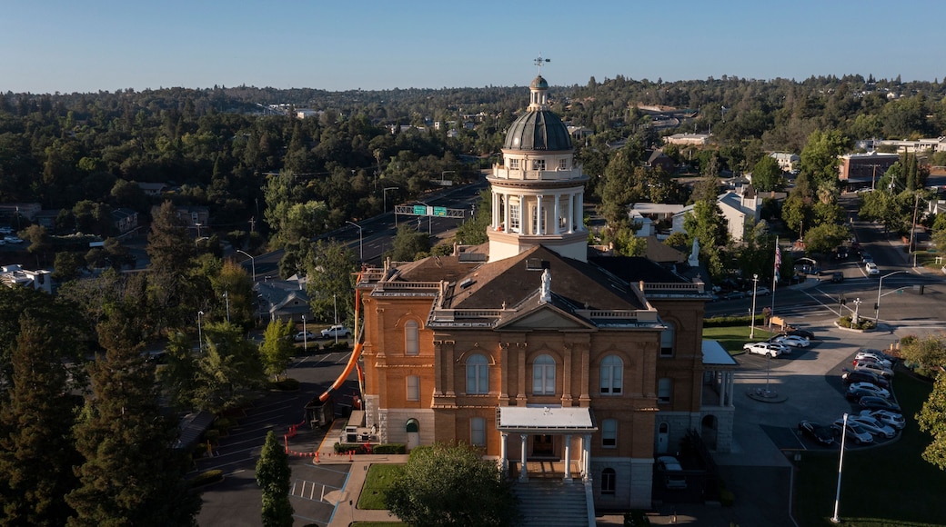 Sunlight shines on the historic 1898 Courthouse in downtown Auburn, California, USA.