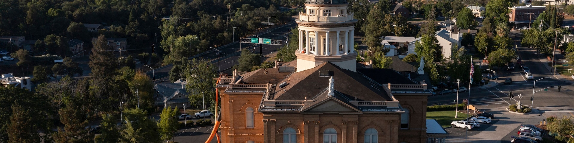 Sunlight shines on the historic 1898 Courthouse in downtown Auburn, California, USA.