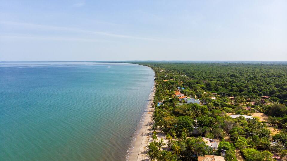 A coastal landscape with a beach, dense greenery, and scattered buildings.