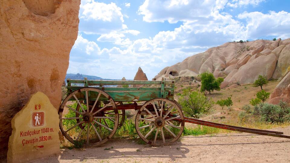 A green wooden cart with large wheels parked next to a rock with a sign indicating distances to Kizilcukur and GavuÅin.