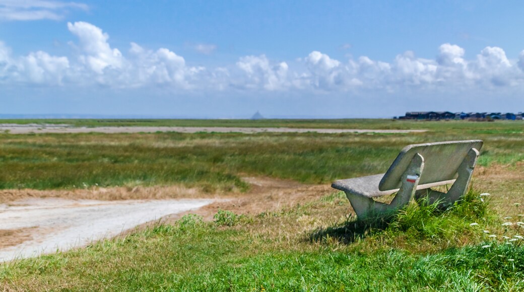 View of an empty bench with famous Mont Saint Michel in background as seen from Le Vivier-sur-mer in Normandy France