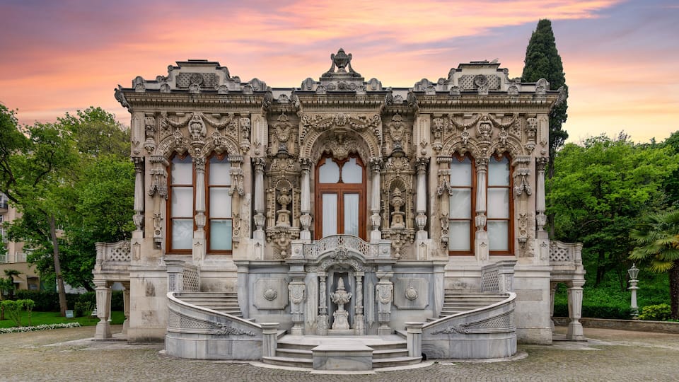Sunset shot of Ihlamur Pavilion, or Ihlamur Kasri, a former imperial Ottoman summer pavilion constructed during the reign of Sultan Abdulmecid I, located in Nisantasi district, Istanbul, Turkey