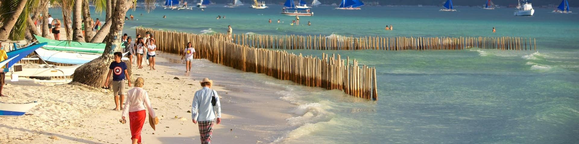 A beach with palm trees, a wooden fence, and boats in the water.