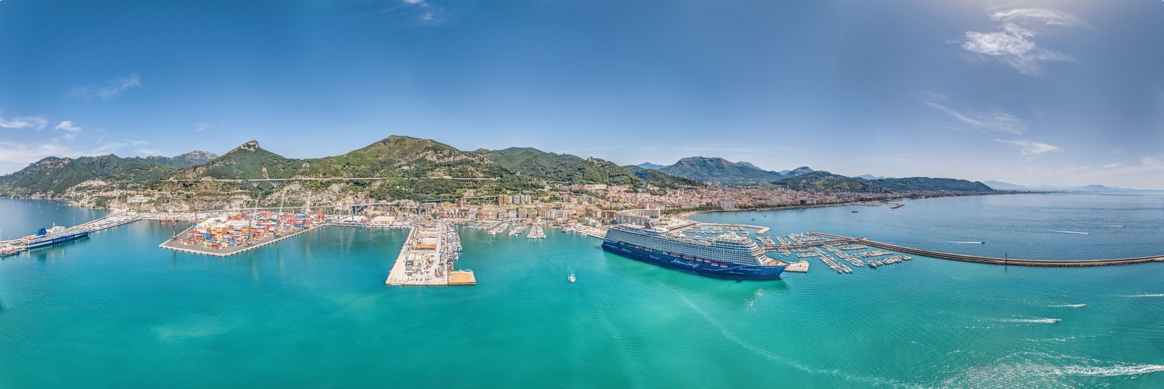 Drone panorama over the harbor of the Italian city of Salerno on the Amalfi Coast