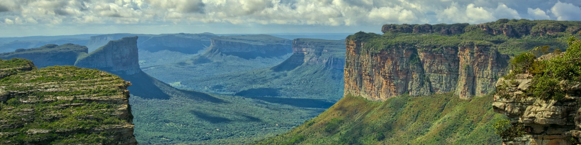Um vasto cânion com penhascos íngremes e vegetação exuberante.