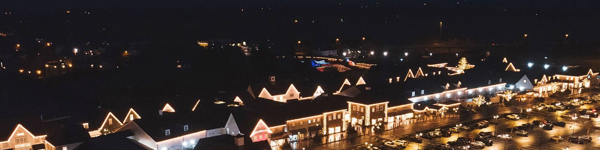 drone night view on Kildare Village Outlet Shopping at christmas
