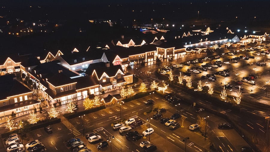 drone night view on Kildare Village Outlet Shopping at christmas
