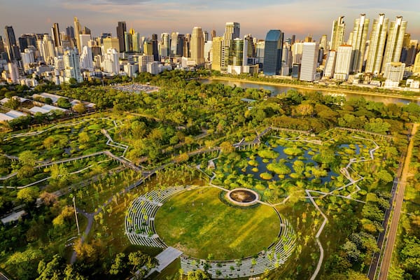 Benjakitti Park or Benchakitti forest park new design walkway in central Bangkok, Thailand