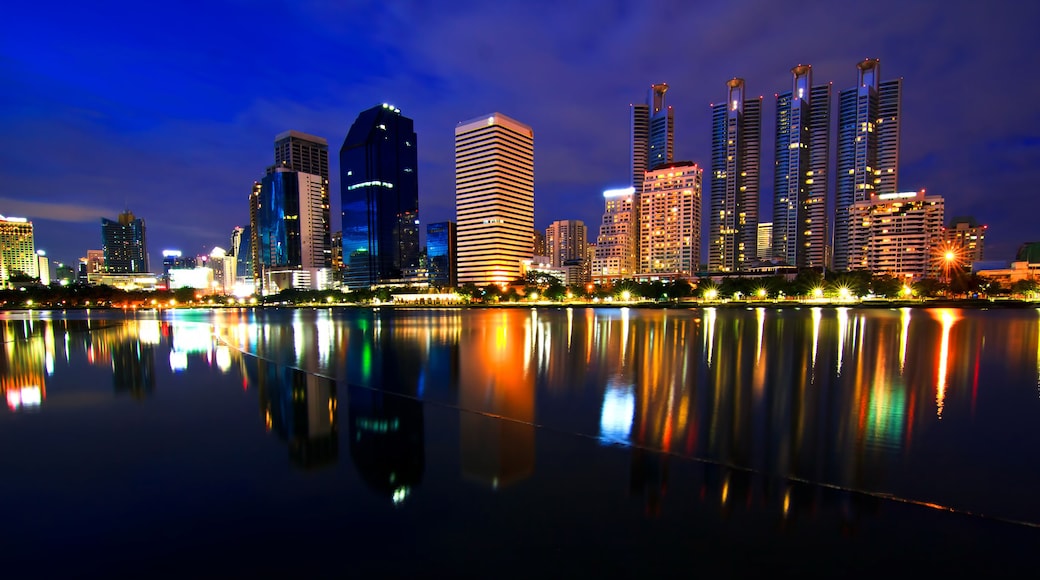 City reflection from Benjakitti garden of Thailand