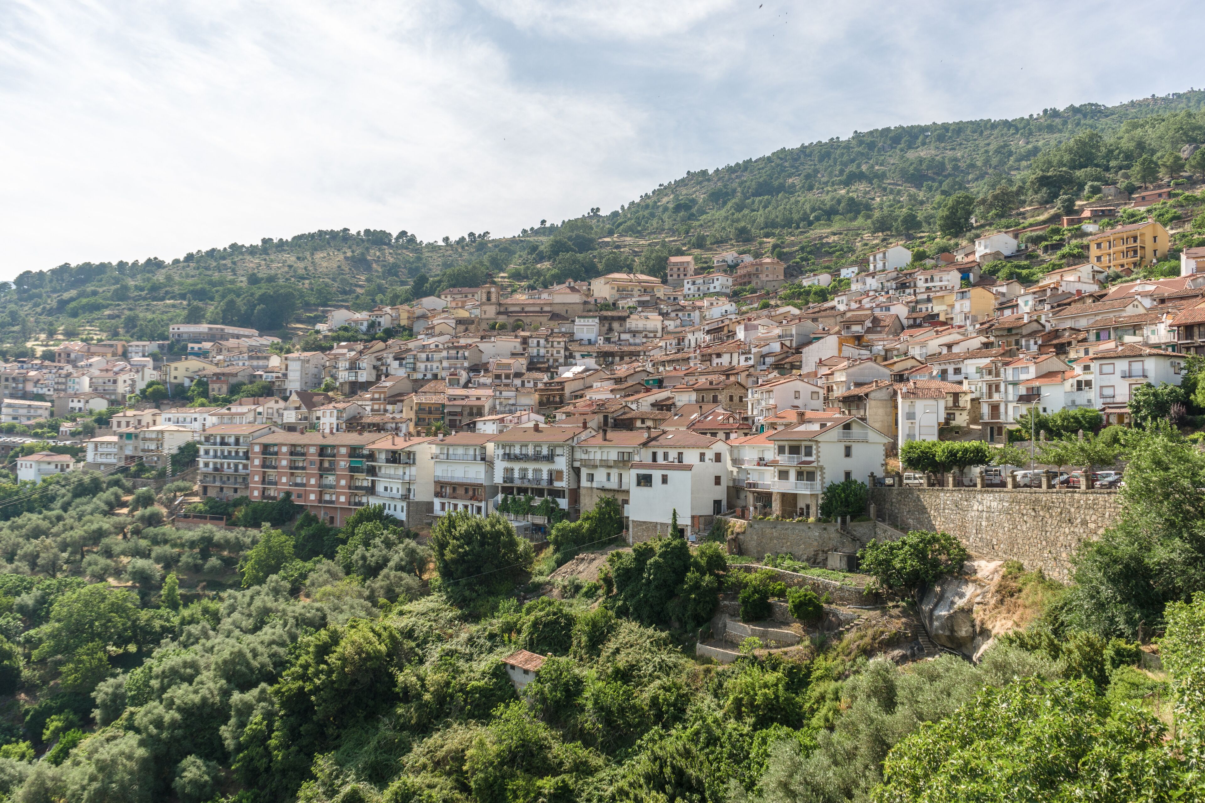 A hillside town with terraced houses and dense greenery.