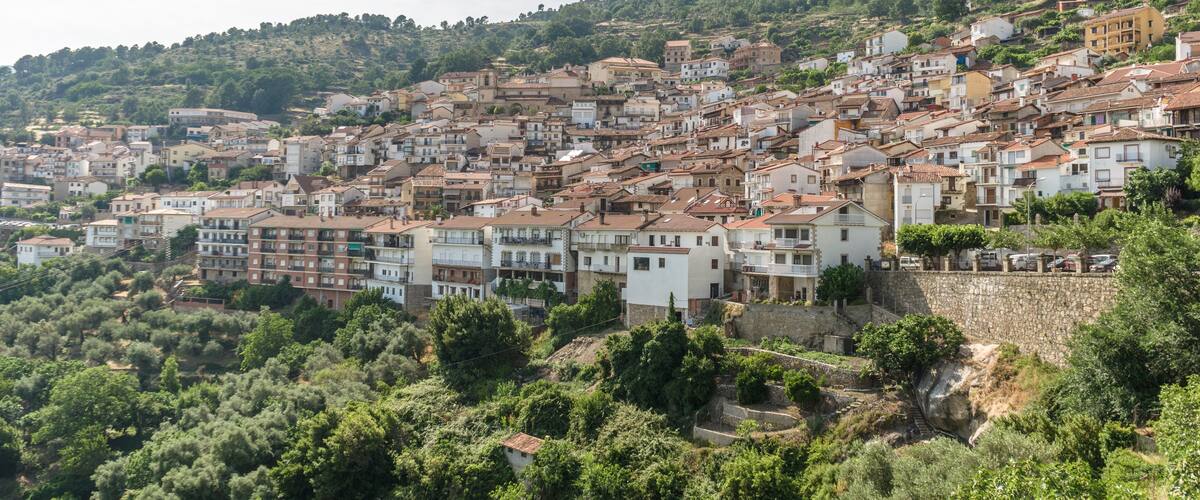 A hillside town with terraced houses and dense greenery.