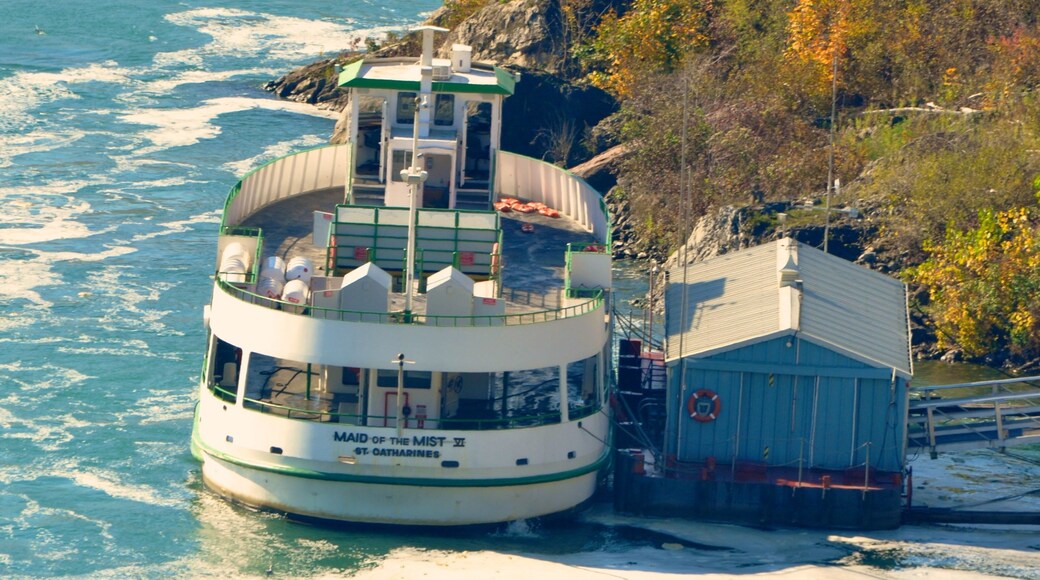 Maid of the Mist showing autumn leaves, a river or creek and a marina