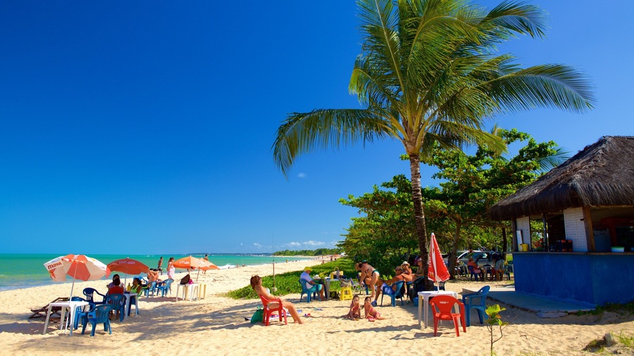 Uma praia com palmeiras, cadeiras de praia, guarda-sóis e um edifício com telhado de palha.