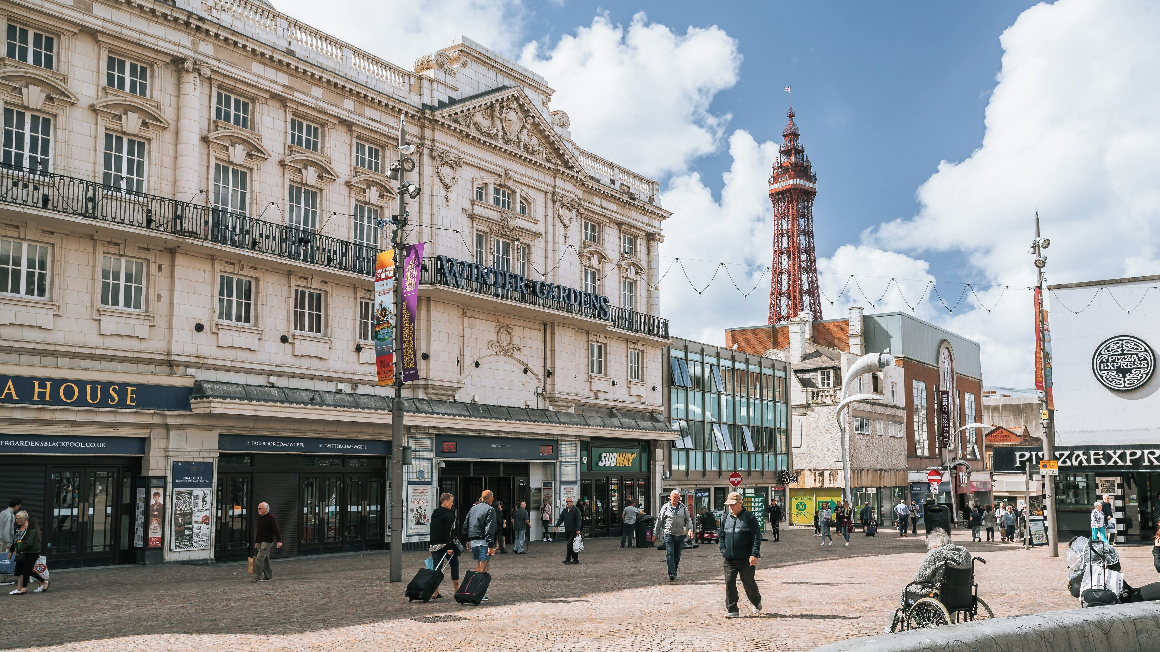 Winter Gardens and Blackpool Town Center bustle with visitors enjoying a vibrant atmosphere in England
