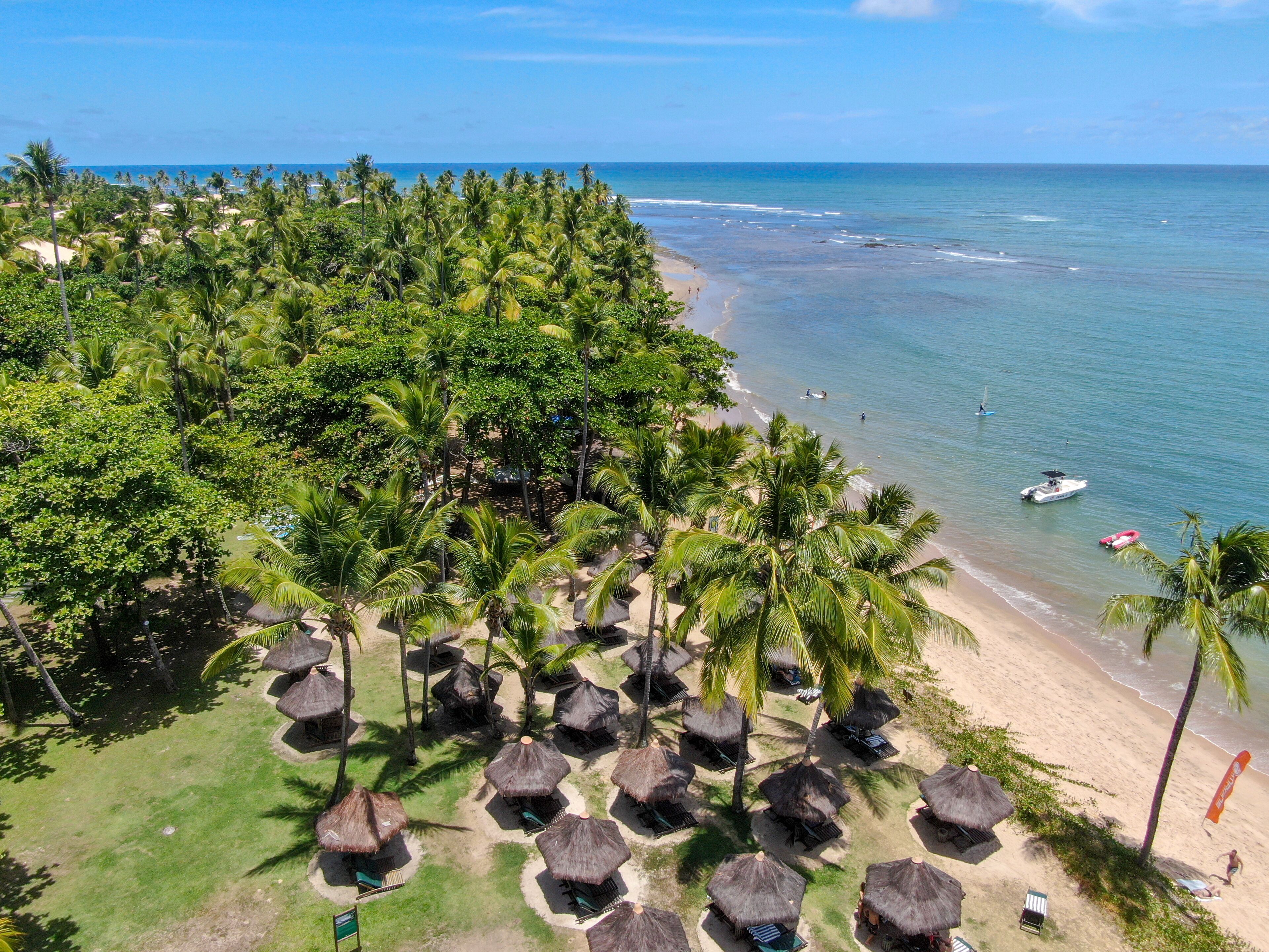 Aerial view of tropical white sand beach, palm trees, umbrellas and turquoise clear sea water in Praia do Forte, Bahia, Brazil. Travel tropical destination in Brazil