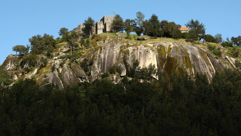 A castle on a rocky hill with dense forest.