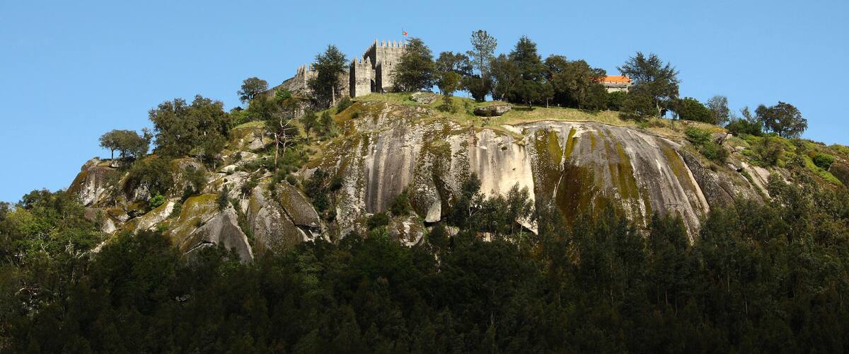 A castle on a rocky hill with dense forest.