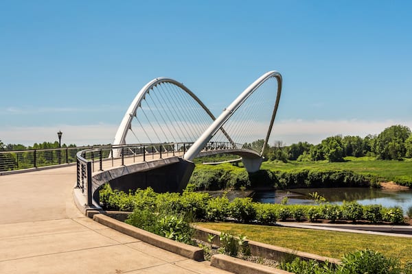 Pedestrian Peter Courtney Minto Island Bridge in the Riverfront city park in Salem, Oregon, over Willamette River