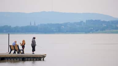 Onondaga Lake Park montrant lac ou Ă©tang et pĂȘche aussi bien que petit groupe de personnes