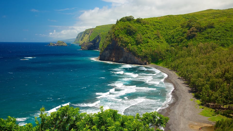 A coastal landscape with a beach, ocean waves, and lush green hills.