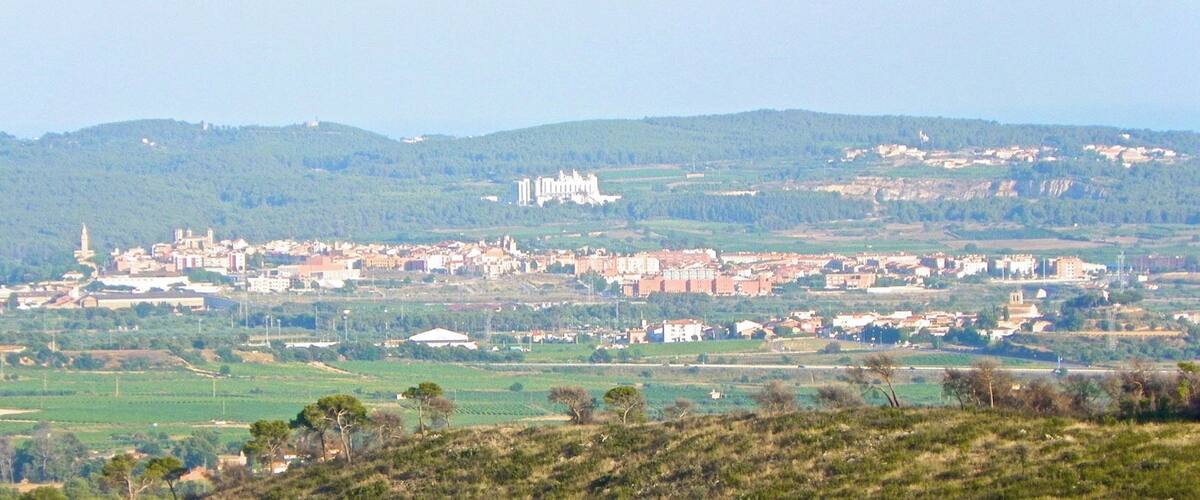 A town with a prominent castle on a hill, surrounded by fields and scattered buildings.