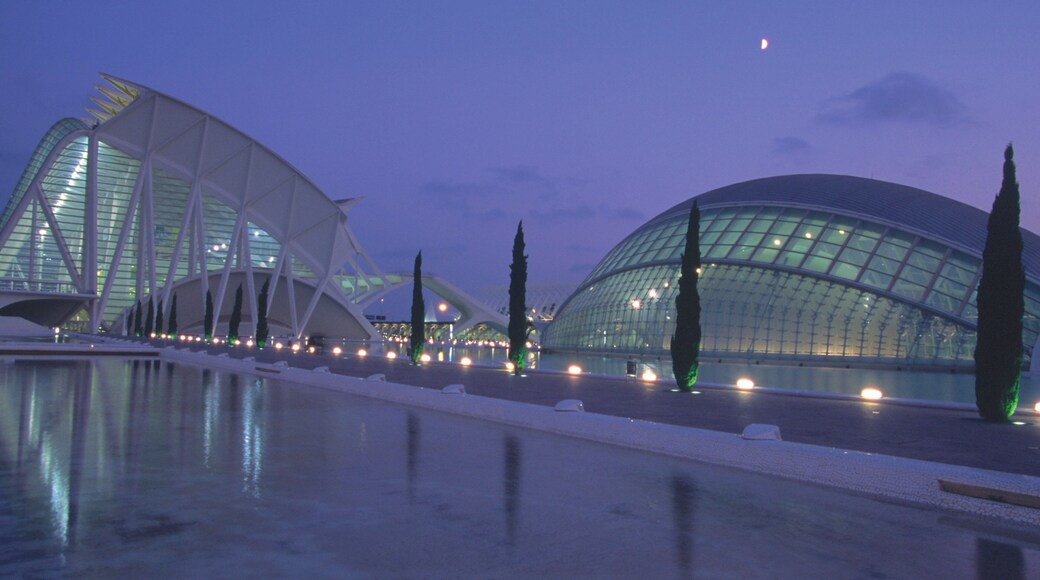 Ciudad de las Artes y las Ciencias mostrando arquitetura moderna e cenas noturnas
