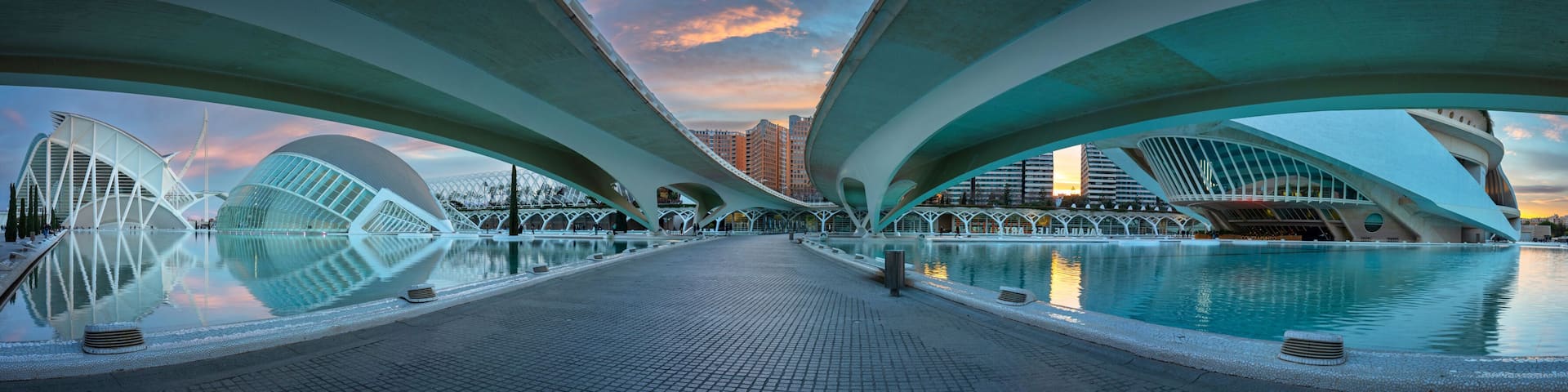 Valencia, Spain - January 20, 2023: Amazing architecture of the City of Arts and Sciences at sunset in Valencia. Spain