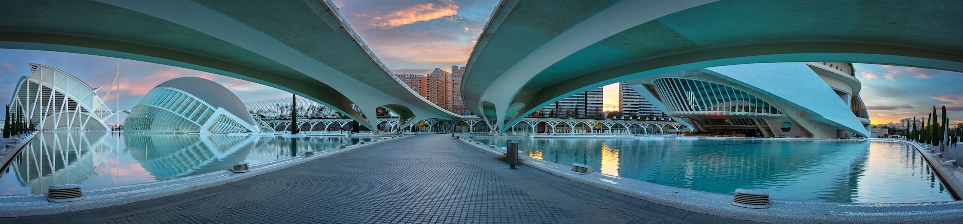 Valencia, Spain - January 20, 2023: Amazing architecture of the City of Arts and Sciences at sunset in Valencia. Spain