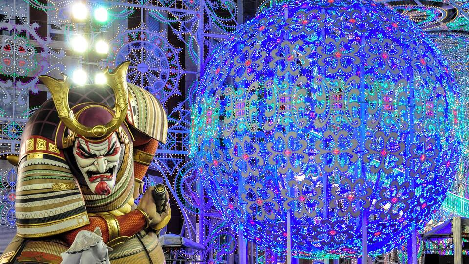 Las Fallas, Valencia Spain Spring Festival, the building and burning of the Falla 15th to 19th March. Europe's largest and longest street party, an exuberant, anarchic, round the clock swirl of fireworks, music, explosions and fire that brings an estimated two million visitors to the city. The more than 350 fallas are giant sculptures of papier maché and wood. They satirise celebrities and politicians and local customs. The cremà after midnight on 19th March is when every falla goes up in flames except for one small ninot.