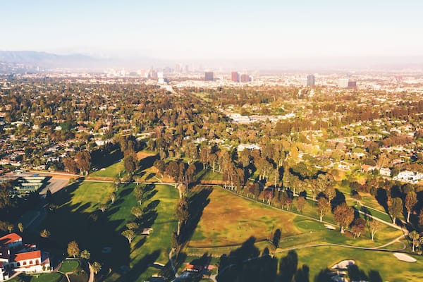 Aerial view of a golf course country club in Los Angeles, CA