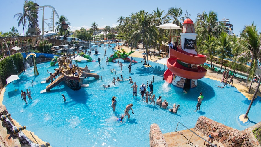 Beach Park Water Park which includes swimming and a waterpark as well as a large group of people