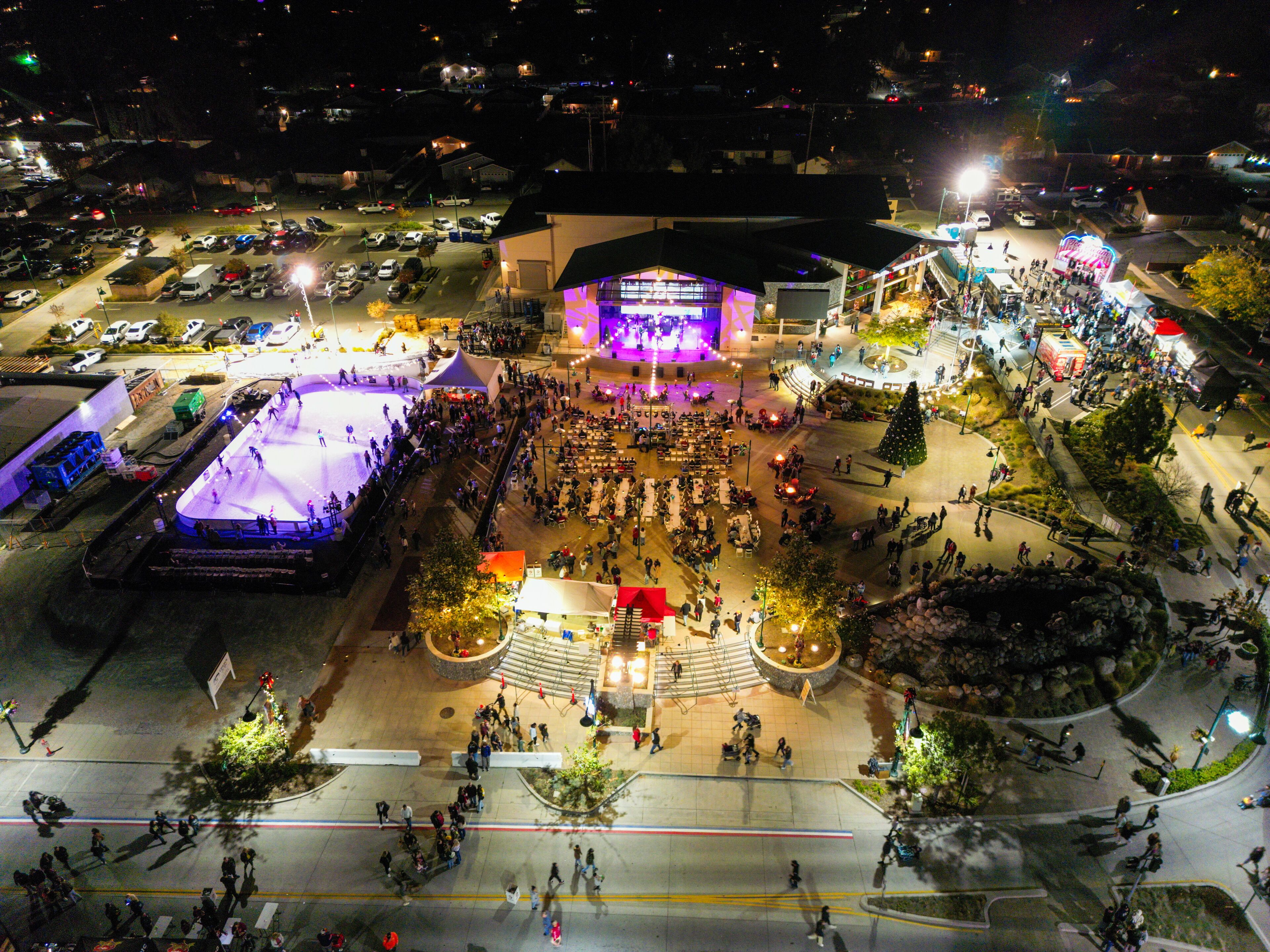 An Aerial Drone UAV The Town of Yucaipa, California, Celebrating Winter and Christmas in the Uptown District at Night