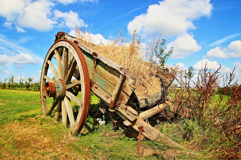 Un viejo carro de madera con una rueda grande en un campo de hierba.
