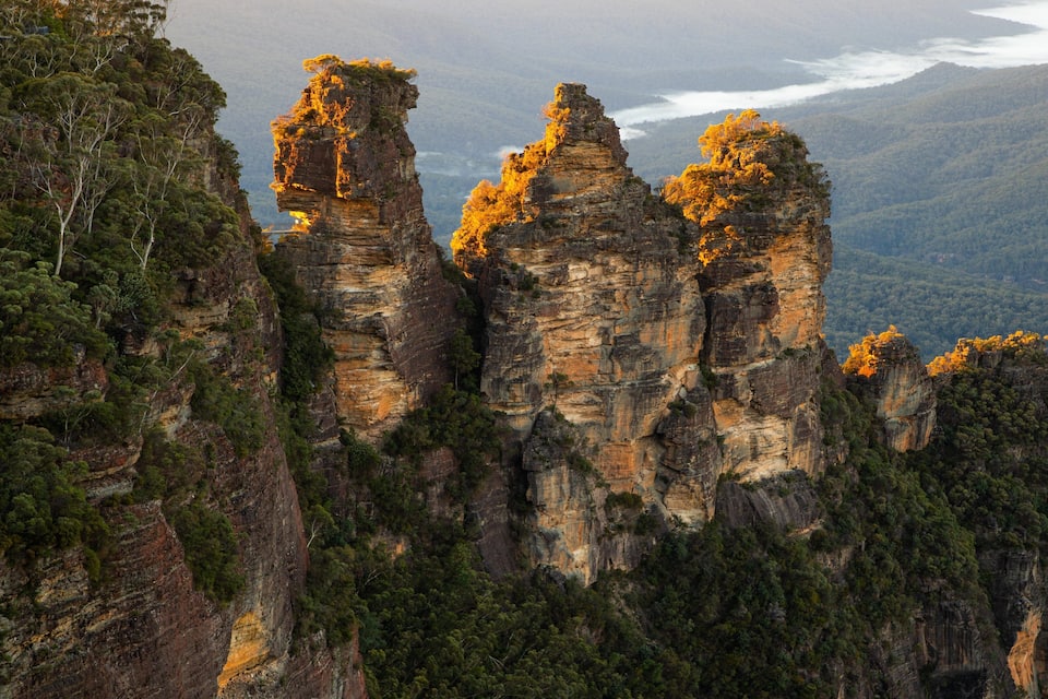 Une formation rocheuse escarpée, caractérisée par des piliers de pierre bien définis et une forêt dense.