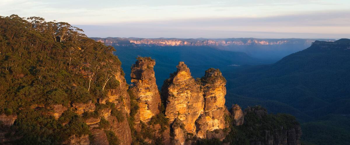 A canyon with prominent rock formations and dense forested hills.