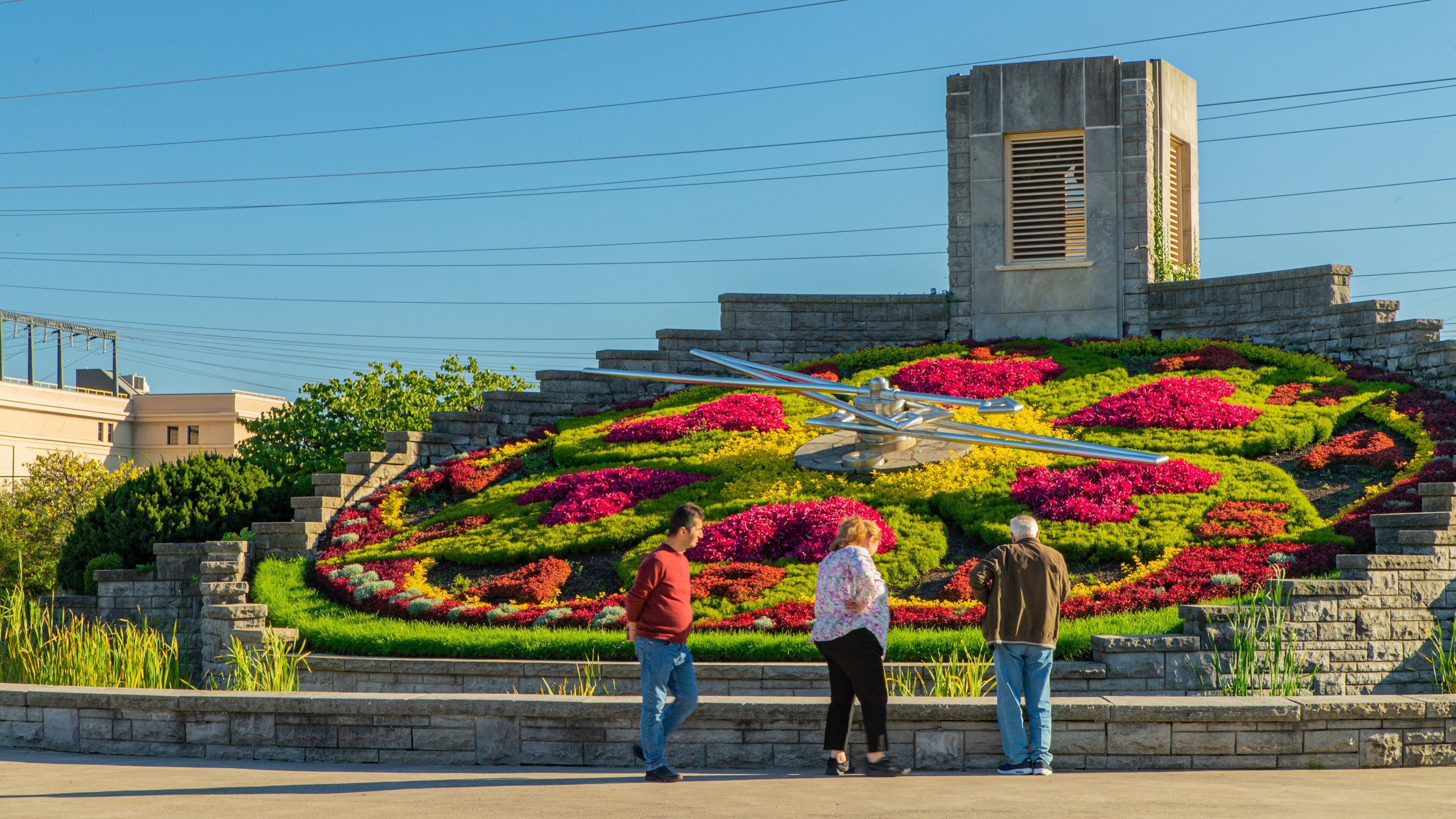 Floral Clock featuring a park and flowers as well as a small group of people