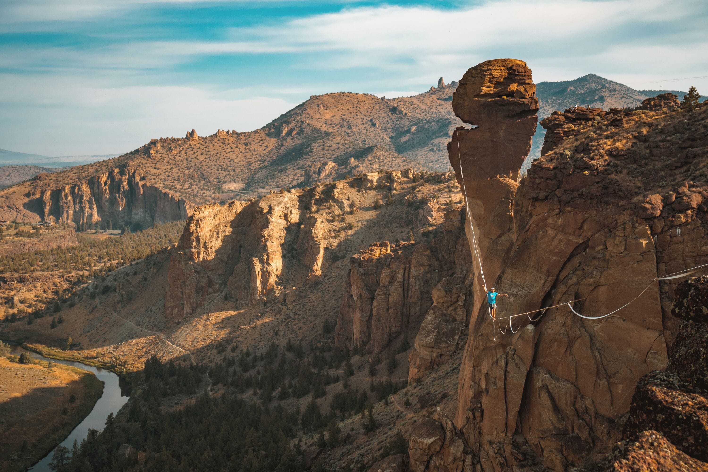 Every year in September, adventurers across North America gather at Smith Rock State Park to slackline across its beautiful formations. Known as highlining when taken to heights, I captured my friend Corbin walking across this 210m long highline, that terminates at the iconic "Monkey Face'. Highlining provides an extraordinary perspective to see the world.

#adventure #slackline #highline