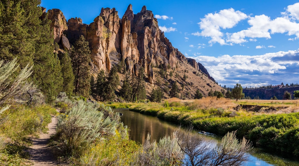 The river is flowing among the rocks. Colorful Canyon. Reflection of the yellow rocks in the river. Amazing landscape of yellow sharp cliffs. Smith Rock state park, Oregon