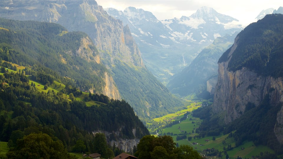 A mountainous valley with steep cliffs, dense forests, and scattered houses.