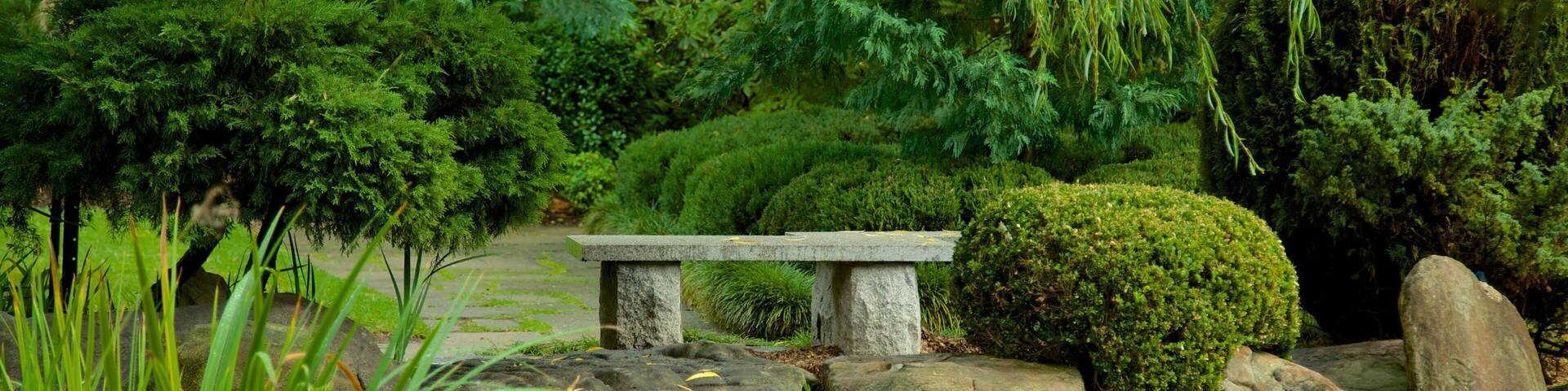 Himeji Gardens featuring a pond and a garden