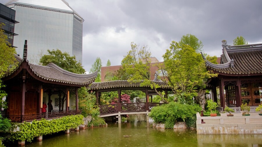 Jardín chino Lan Su mostrando un estanque, un parque y elementos del patrimonio