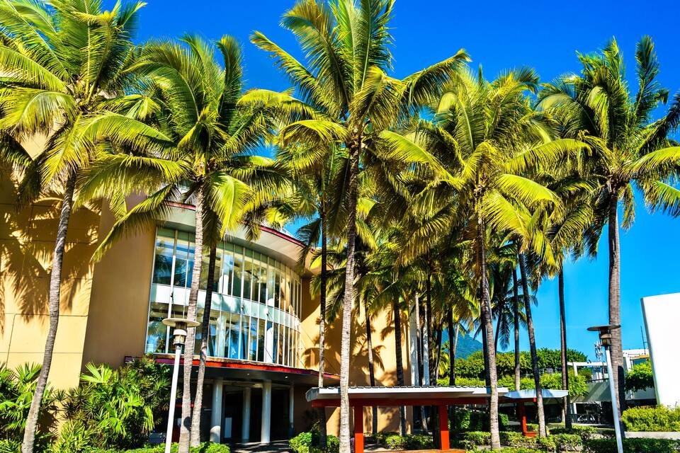 A building with palm trees in front.