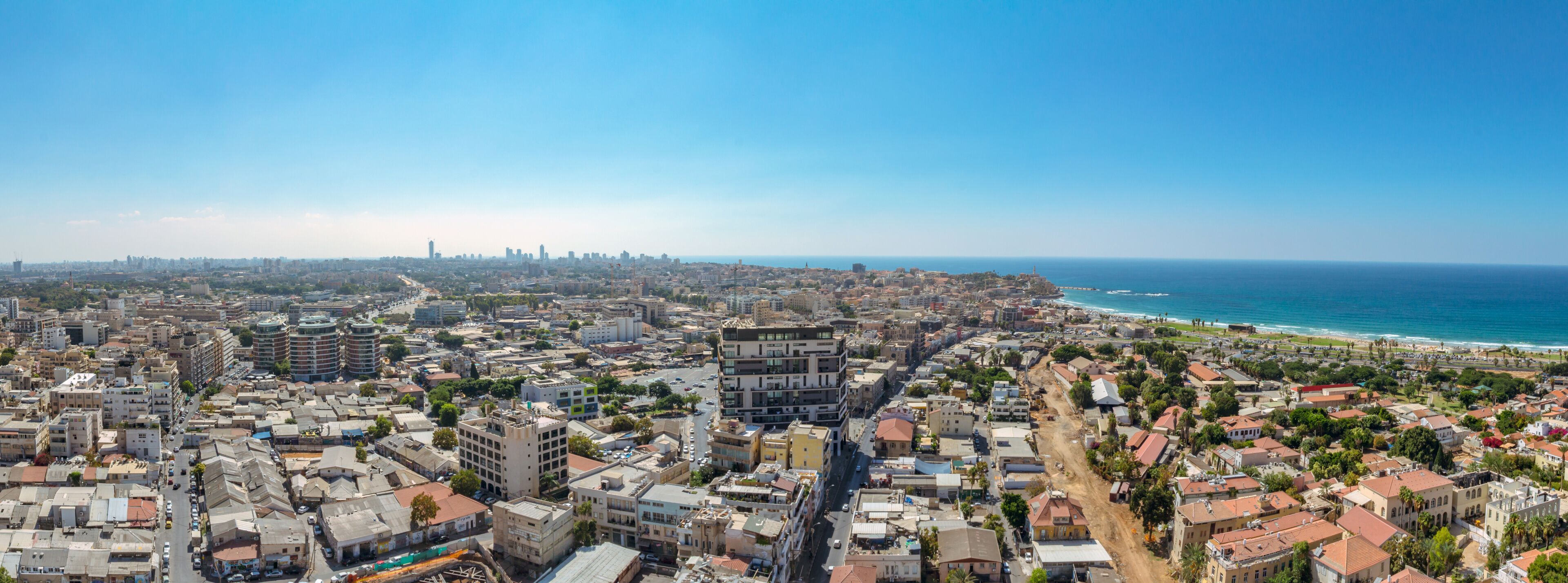 Panorama aerial view of south Tel Aviv neighborhoods and Old Jaffa