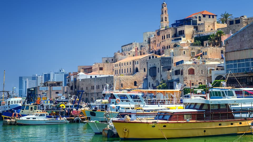 A harbor with boats, a historic building, and a clear blue sky.