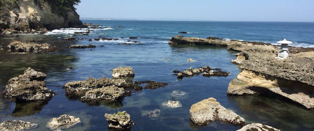 A coastal landscape with rocky formations and clear blue water.