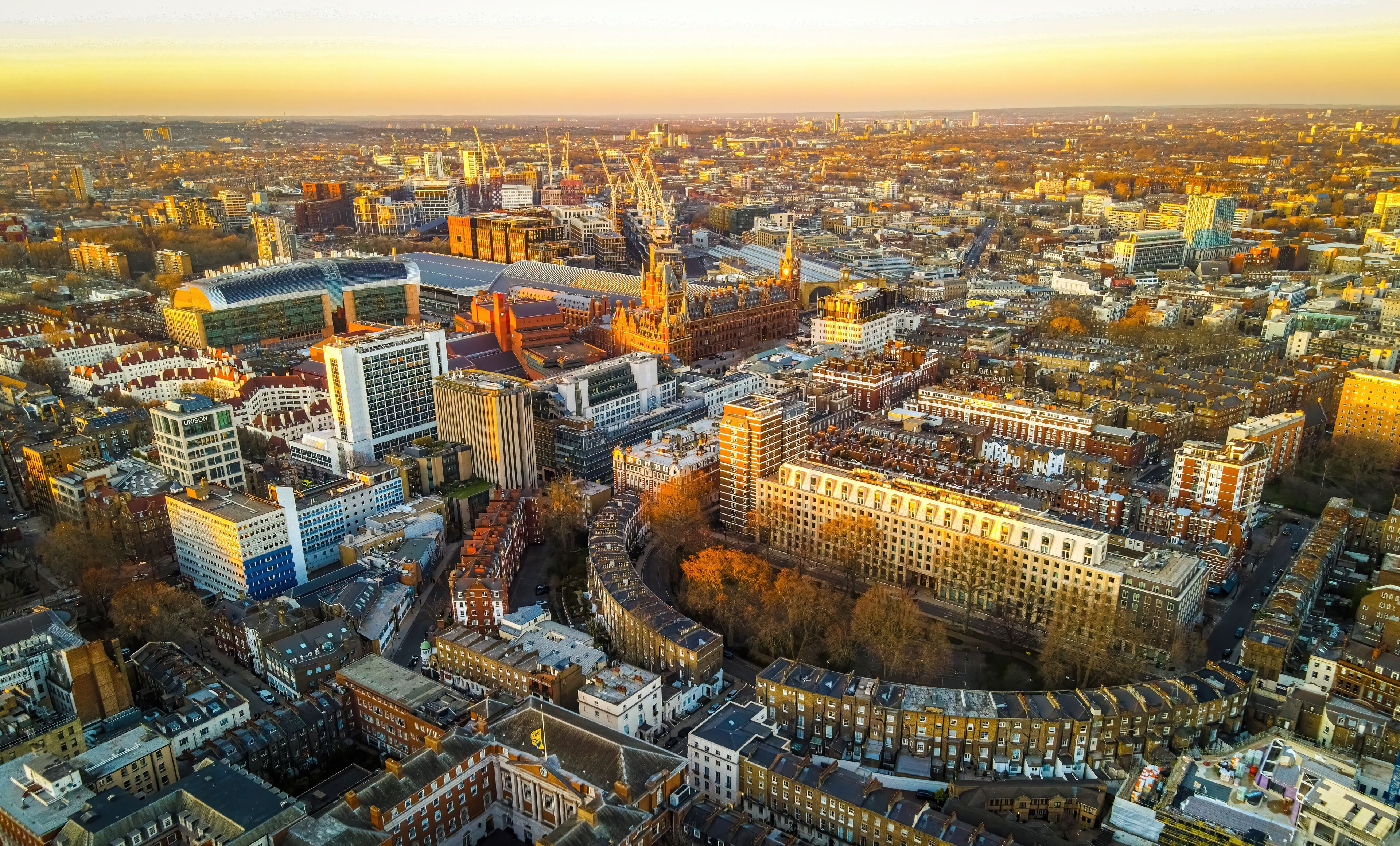 Aerial view of St Pancras station and King's Cross train station in London