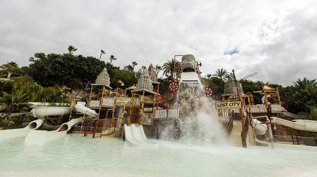 The kids playing in water attractions in Siam waterpark in Tenerife, Spain. The Siam is the largest water theme park in Europe.