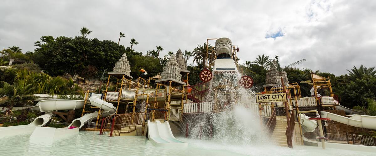 The kids playing in water attractions in Siam waterpark in Tenerife, Spain. The Siam is the largest water theme park in Europe.